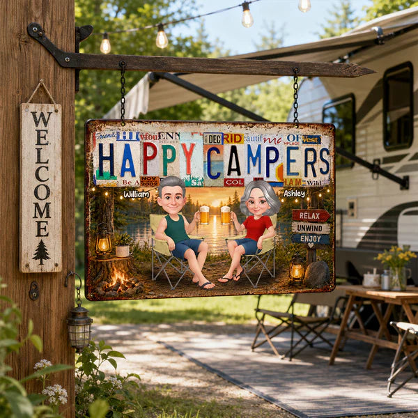 Personalized Rectangular Iron Sign, Happy Campers Couple Camping Gift, Unique Porch Decor