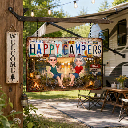 Personalized Rectangular Iron Sign, Happy Campers Couple Camping Gift, Unique Porch Decor
