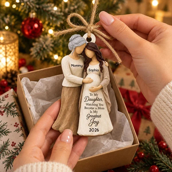 Personalized Wooden Ornament, Mother Hugging Pregnant Daughter, Unique Christmas Gift for Mom-to-Be