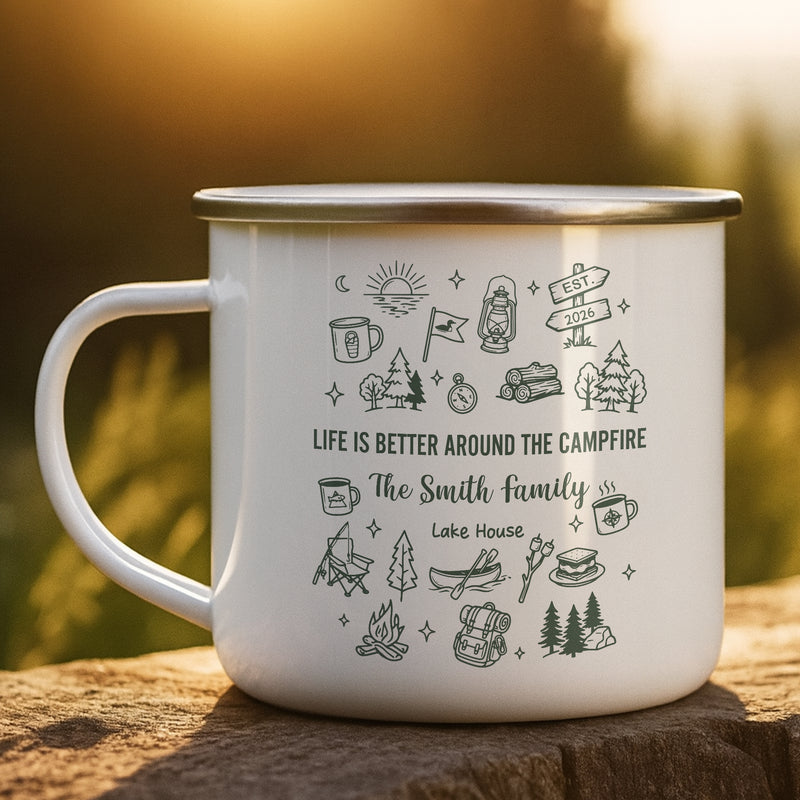 Personalized Enamel Mug, Campfire Family Lake House Line Art, Unique Creative Gift for Campers