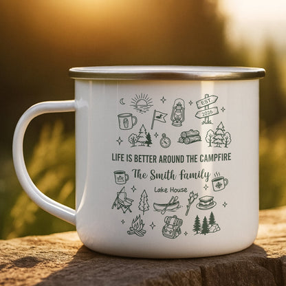 Personalized Enamel Mug, Campfire Family Lake House Line Art, Unique Creative Gift for Campers