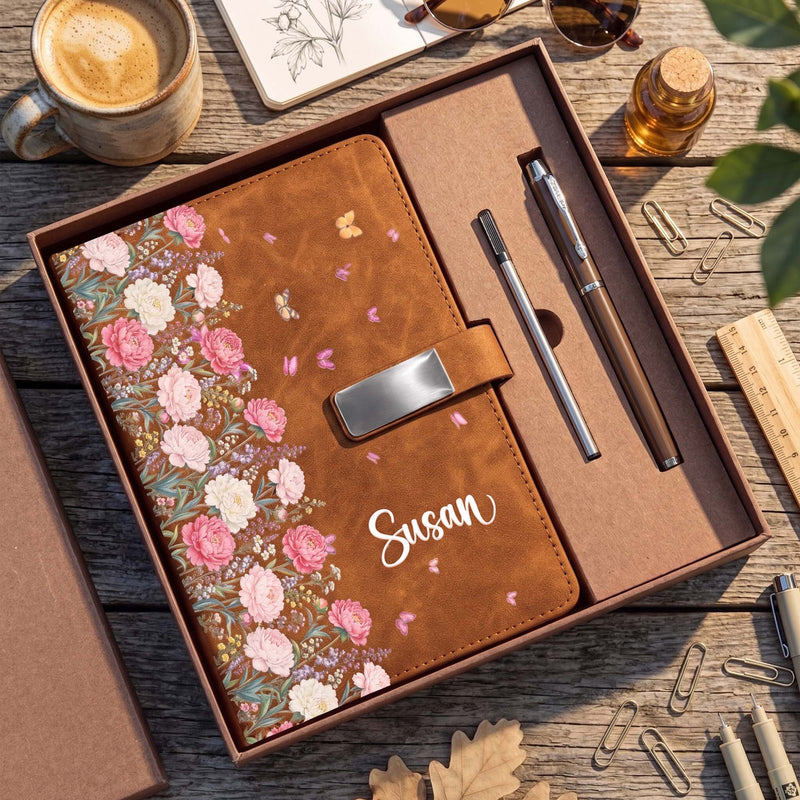Personalized Warm Brown Floral Metal Buckle Notebook Set, Presented in a Gift Box, Unique Gift for Her
