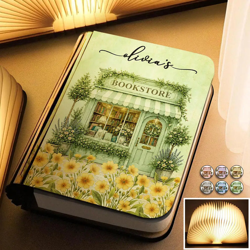 Personalized 7-Color Wood Book Lamp, Pastel Floral Bookstore Decor, Unique Gift for Book Lovers