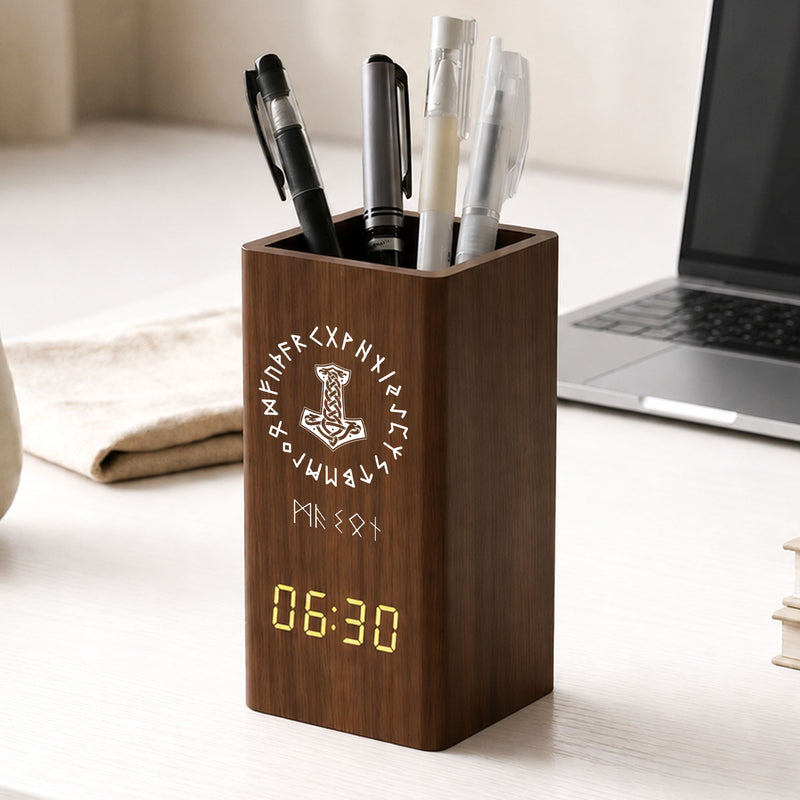 Norse Symbol Wooden Pen Holder Clock, Personalized Desk Organizer, Unique Creative Gift For Dad Or Friend