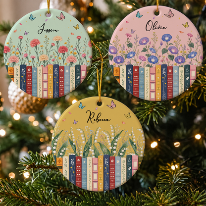 Personalized Ceramic Ornament, Aqua Floral Books and Butterflies, Unique Gift for Book Lovers
