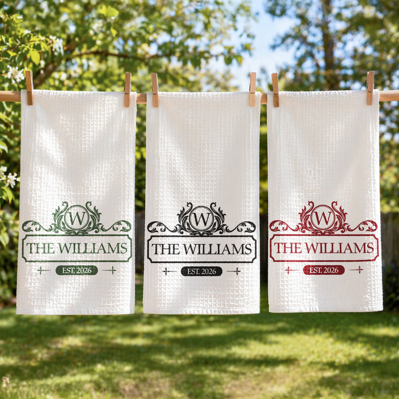 Personalized Kitchen Towel With Vintage Monogram, Unique Creative Gift For A Couple's New Home