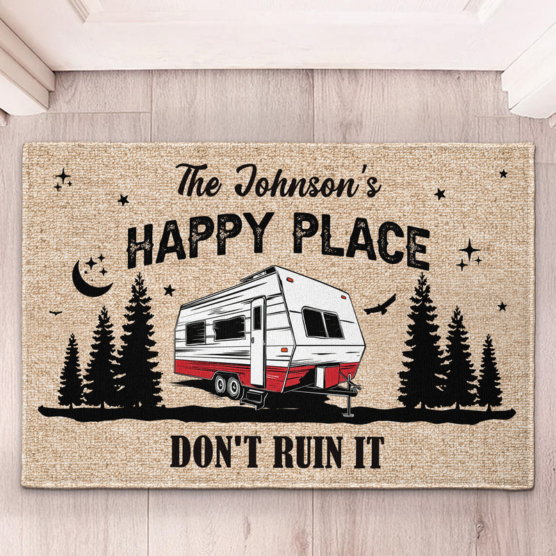 Personalized Doormat with Camper & Pine Forest, Happy Place Entryway, Unique Gift for Campers