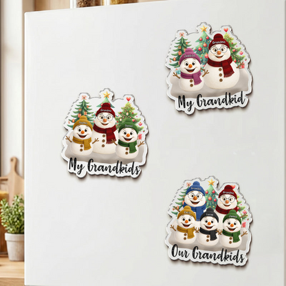 Personalized Acrylic Fridge Magnet, Colorful Snowman Family by Christmas Trees, Unique Gift for Grandparents