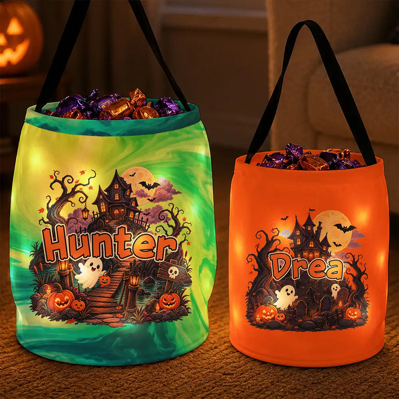 Personalized LED Light Up Basket with Haunted House and Ghosts, Trick-or-Treat Keepsake, Unique Gift for Kids