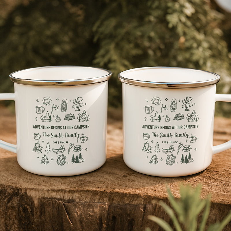 Personalized Enamel Mug, Campfire Family Lake House Line Art, Unique Creative Gift for Campers