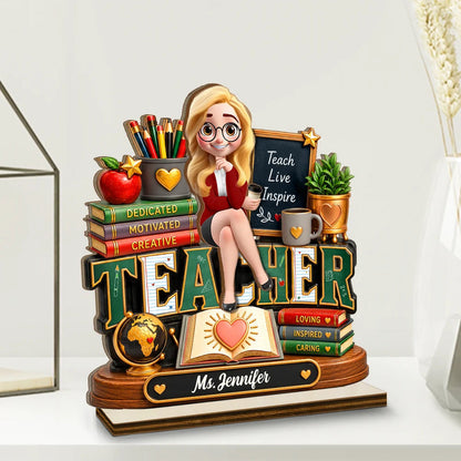 Personalized 2-Layer Wooden Plaque, Cartoon Teacher Classroom Design, Unique Creative Gift for Teacher