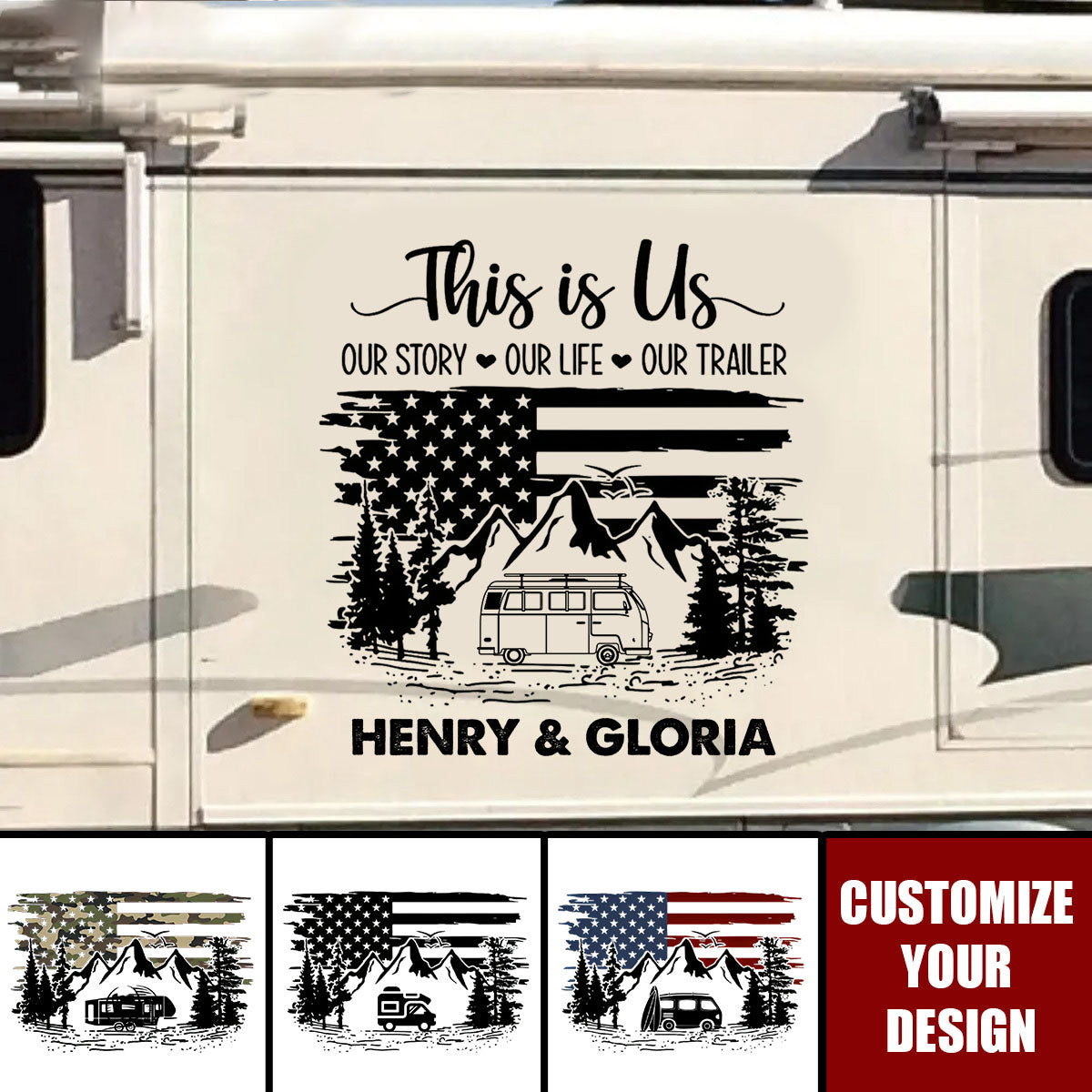 Personalized USA Flag RV Decal, This Is Us Custom Camper Sticker, American Camping Gift for Couples