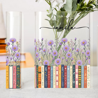 Personalized Acrylic Book Vase, Pastel Floral Bookshelf Decor, Unique Gift for Book Lovers