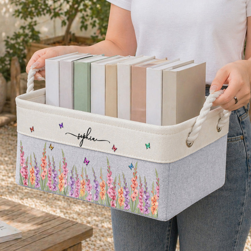Personalized Cotton Linen Rope Basket, Pink Floral Organizer For Her, Unique Creative Gift For Home Decor