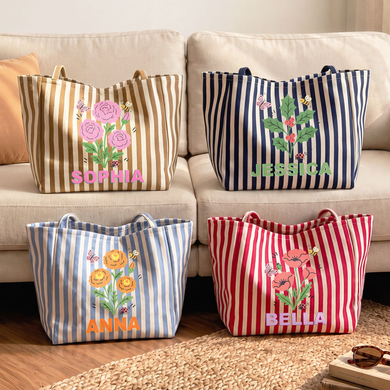 Personalized Striped Pocket Tote Bag with Birth Month Flowers, Sunlit Beach Style, Unique Gift for Wife, Daughter or Friend