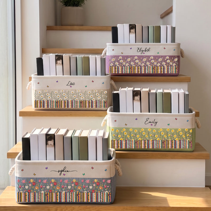 Personalized Cotton Linen Rope Basket with Cozy Bookshelf Flowers & Butterflies, Creative Gift for a Book Lover