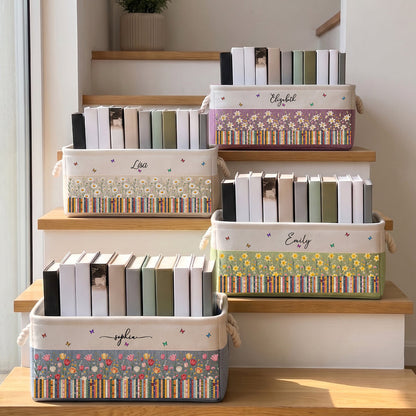 Personalized Cotton Linen Rope Basket with Cozy Bookshelf Flowers & Butterflies, Creative Gift for a Book Lover
