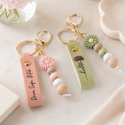 Personalized Daisy Keychain with Birth Flower, Pastel Beads and Bestie Message, Unique Gift for Best Friend