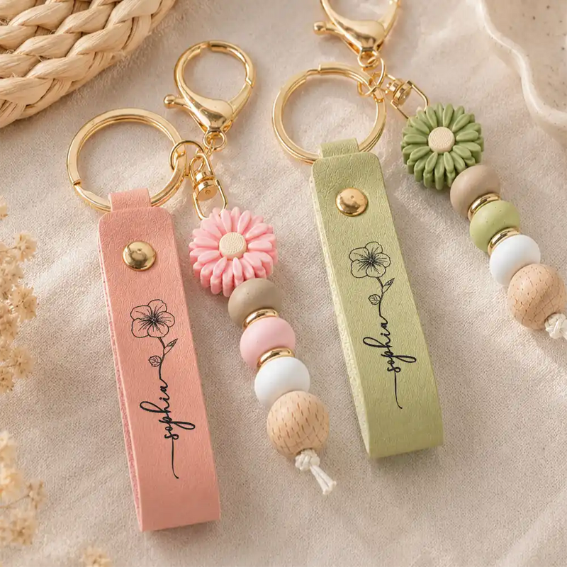 PU Leather Daisy Keychain, Friendship Quote & Pastel Beads, Unique Gift for Friend