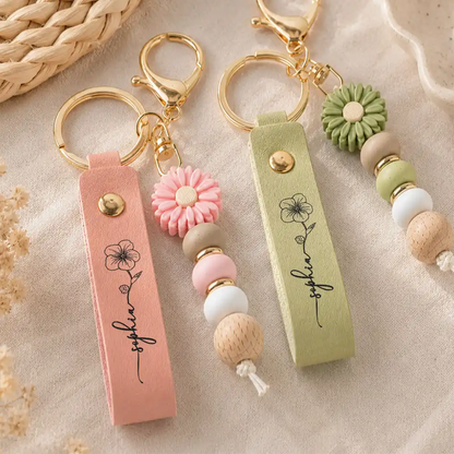 PU Leather Daisy Keychain, Friendship Quote & Pastel Beads, Unique Gift for Friend