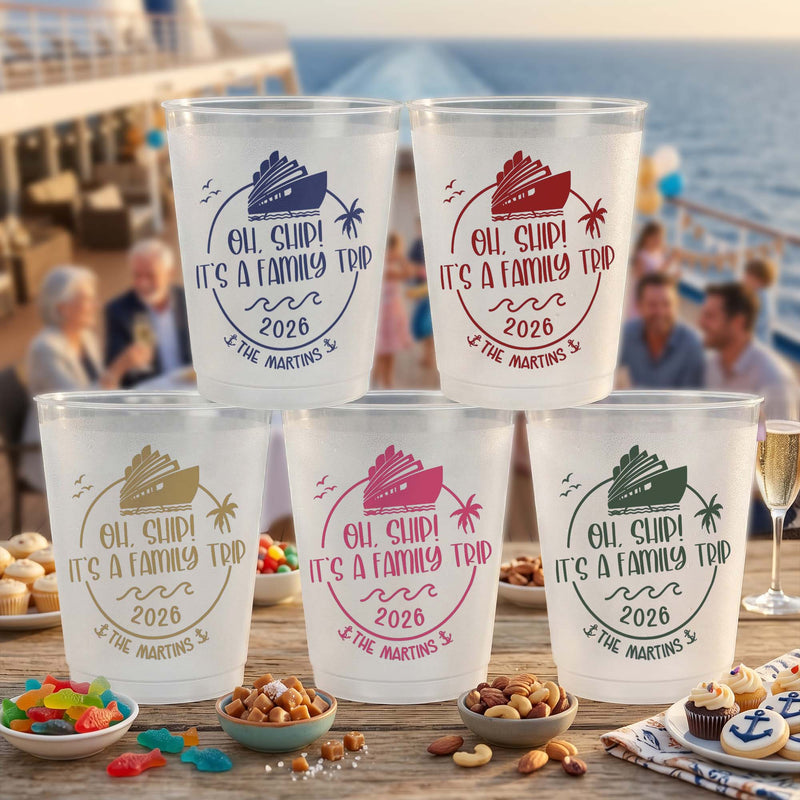 Personalized Frosted Plastic Cup, Oh Ship Family Trip Cruise Design, Unique Gift for Family Sunset Cruises