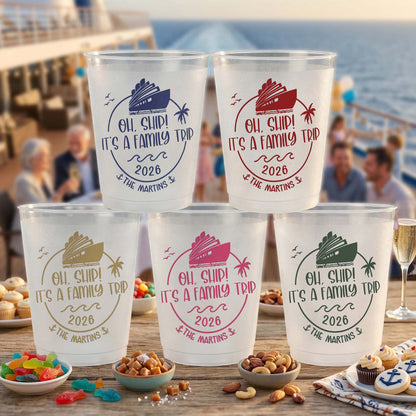 Personalized Frosted Plastic Cup, Oh Ship Family Trip Cruise Design, Unique Gift for Family Sunset Cruises