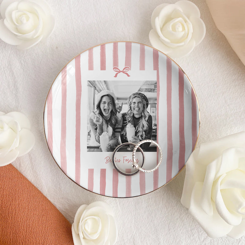 Personalized Jewelry Dish with Friend Photo and Striped Bow, Unique Gift for Best Friend