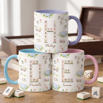 Personalized Mug with Floral Mahjong Tiles, Game Night Keepsake, Unique Gift for Mahjong Lovers