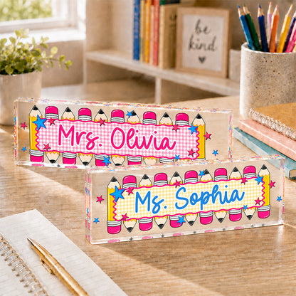 Personalized Rectangle Acrylic Block Plaque with Colorful Pencil Art, Classroom Desk Decor, Creative Teacher Gift