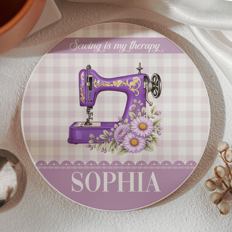 Personalized Round Ceramic Coaster with Vintage Sewing Machine, Floral Gingham Creative Gift for Sewing Lovers