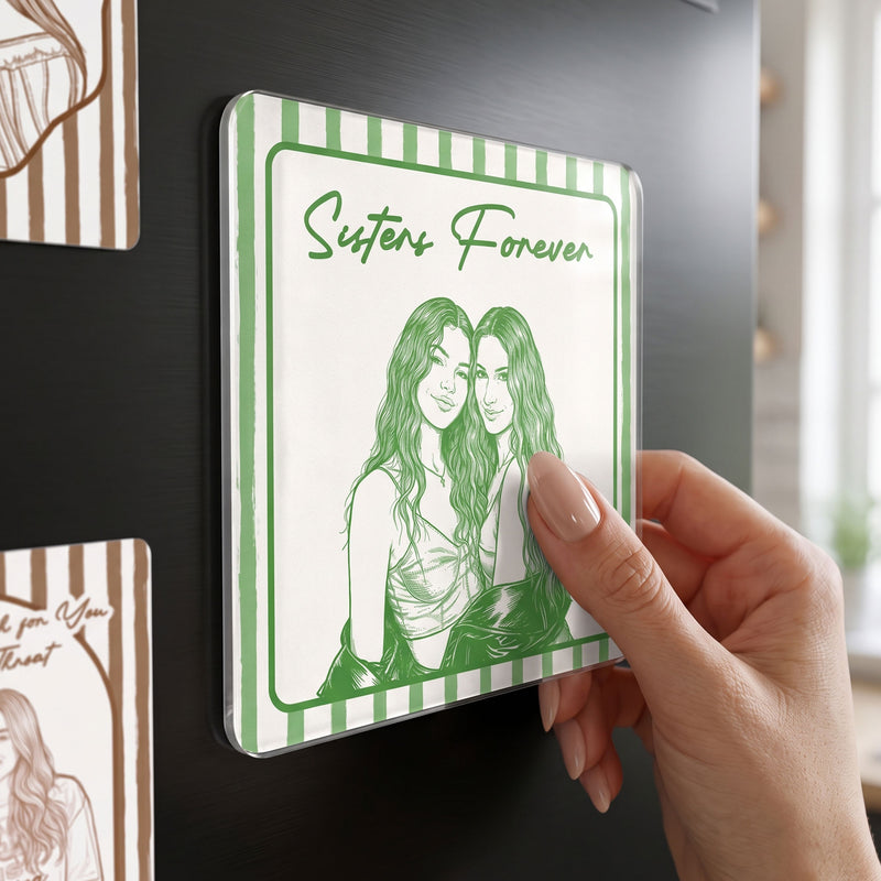 Personalized Magnet with Friends Holding Cocktails, Striped Besties Forever Art, Unique Gift for Best Friend