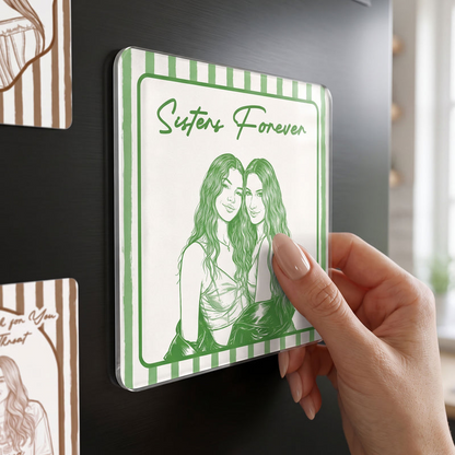 Personalized Magnet with Friends Holding Cocktails, Striped Besties Forever Art, Unique Gift for Best Friend