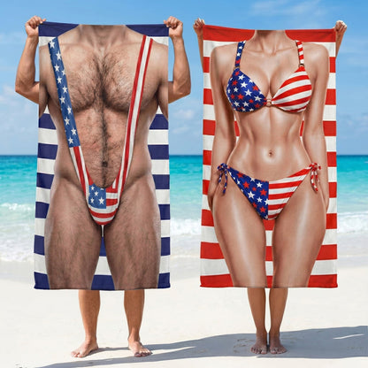 Personalized Beach Towel With Funny Leopard Swimsuit Illusion, Unique Gift For Sunny Beach Party