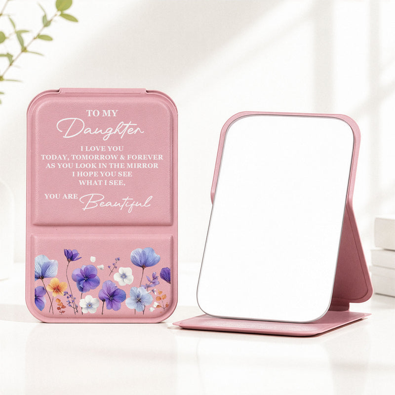 Leather Folding Makeup Mirror, Personalized Pastel Floral Quote, Unique Creative Gift for Daughter