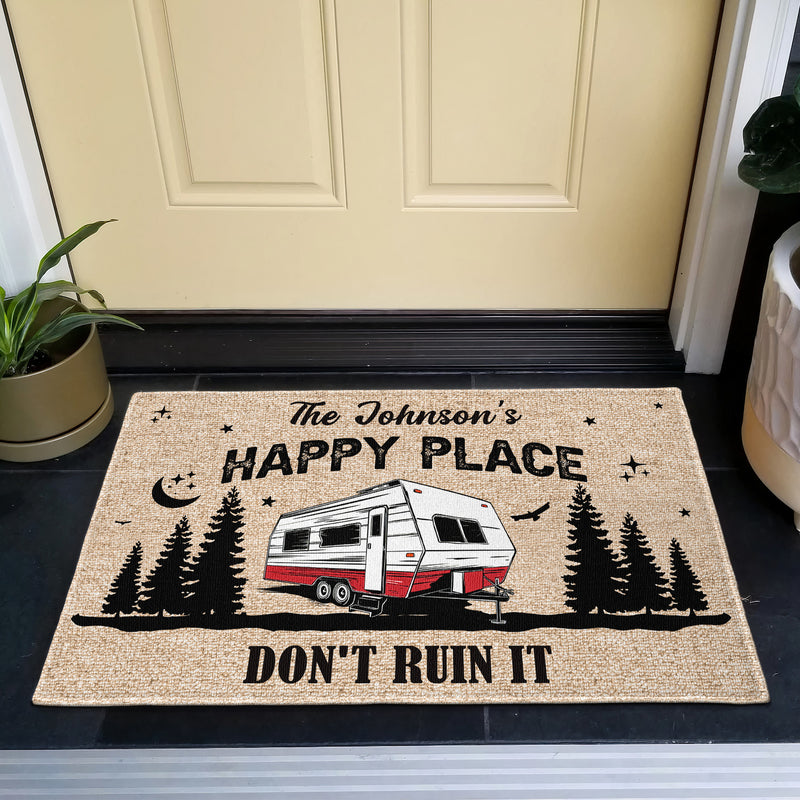 Personalized Doormat with Camper & Pine Forest, Happy Place Entryway, Unique Gift for Campers