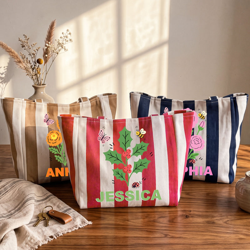 Personalized Striped Pocket Tote Bag with Birth Month Flowers, Sunlit Beach Style, Unique Gift for Wife, Daughter or Friend