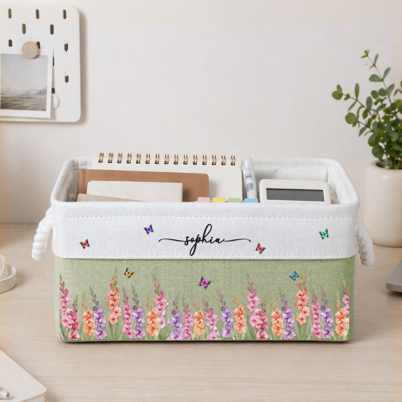Personalized Cotton Linen Rope Basket, Pink Floral Organizer For Her, Unique Creative Gift For Home Decor