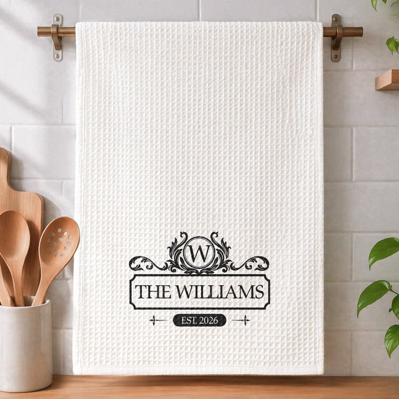 Personalized Kitchen Towel With Vintage Monogram, Unique Creative Gift For A Couple's New Home