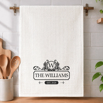 Personalized Kitchen Towel With Vintage Monogram, Unique Creative Gift For A Couple's New Home