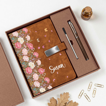 Personalized Warm Brown Floral Metal Buckle Notebook Set, Presented in a Gift Box, Unique Gift for Her