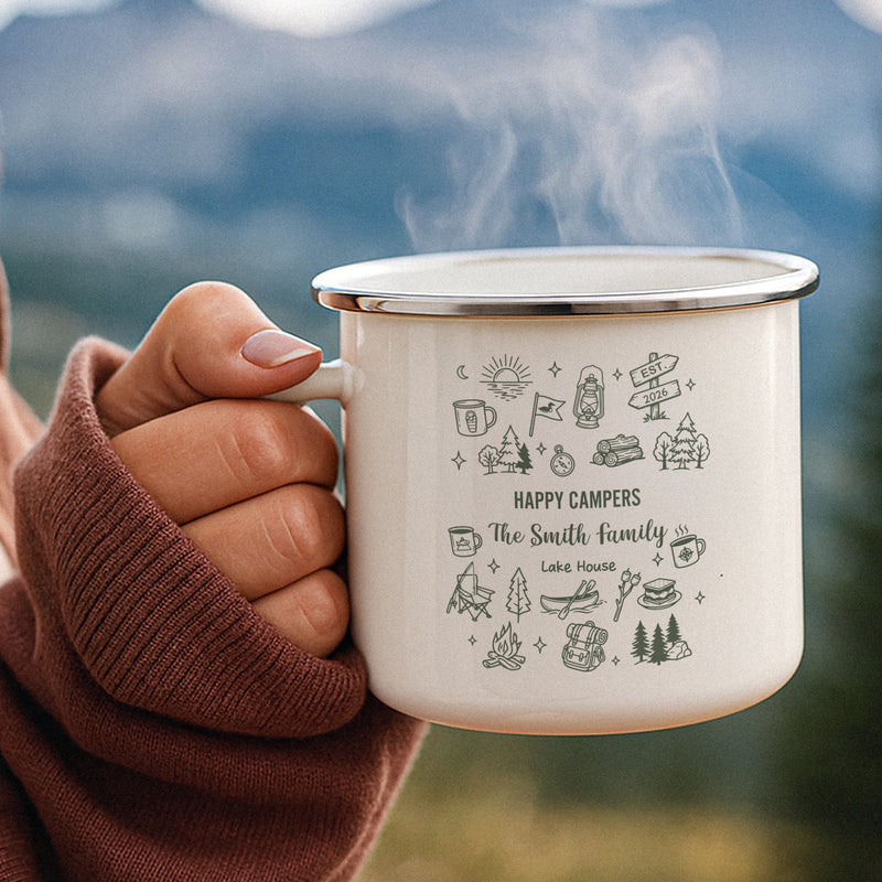 Personalized Enamel Mug, Campfire Family Lake House Line Art, Unique Creative Gift for Campers
