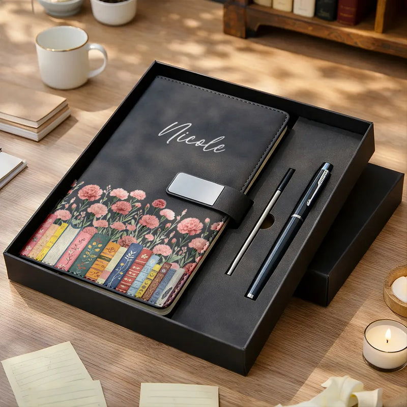 Personalized Metal Buckle Notebook Set with Birth Month Flowers, Unique Gift for Book Lovers