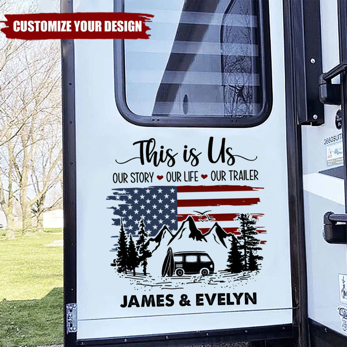 Personalized USA Flag RV Decal, This Is Us Custom Camper Sticker, American Camping Gift for Couples
