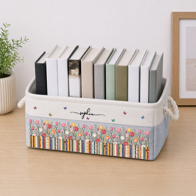 Personalized Cotton Linen Rope Basket with Cozy Bookshelf Flowers & Butterflies, Creative Gift for a Book Lover