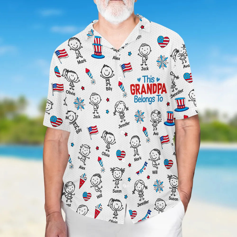 Personalized Hawaiian Shirt for Grandpa, Patriotic Kid Doodle Custom Print, Unique Summer Gift