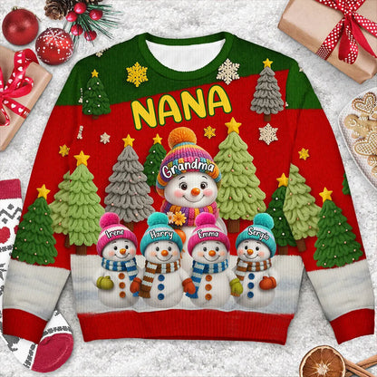 Personalized Grandma Snowman Printed Sweatshirt, Colorful Snowy Tree Scene, Unique Christmas Gift for Grandma