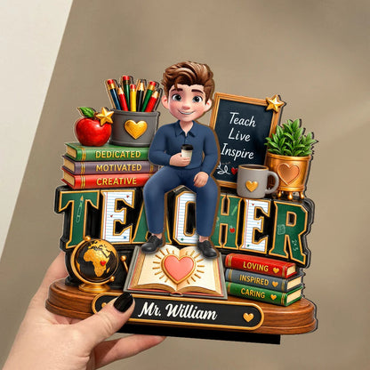 Personalized 2-Layer Wooden Plaque, Cartoon Teacher Classroom Design, Unique Creative Gift for Teacher