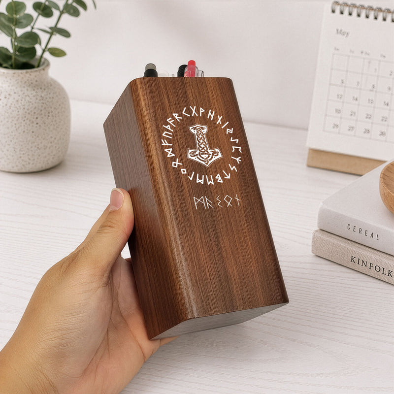 Norse Symbol Wooden Pen Holder Clock, Personalized Desk Organizer, Unique Creative Gift For Dad Or Friend