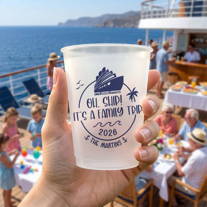 Personalized Frosted Plastic Cup, Oh Ship Family Trip Cruise Design, Unique Gift for Family Sunset Cruises