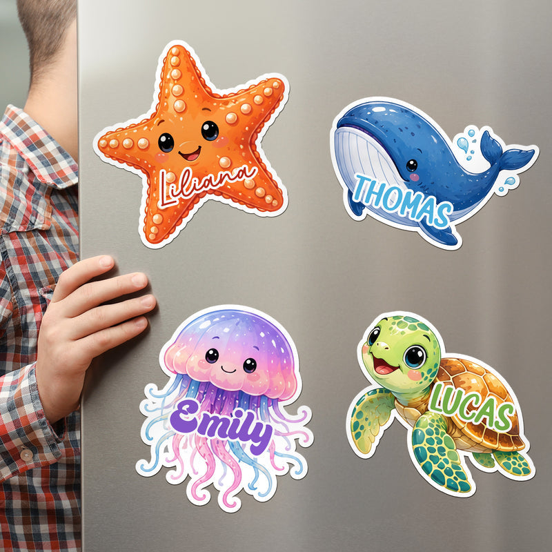 Personalized Acrylic Magnet with Whale, Turtle, Starfish & Jellyfish Art, Creative Cruise Gift for Kids